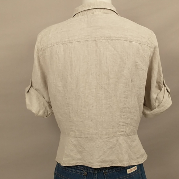 Natural 100% Linen Short Tie Front Top Sexy Safari Neutral Shirt 41" Bust MrkLg - Picture 3 of 13